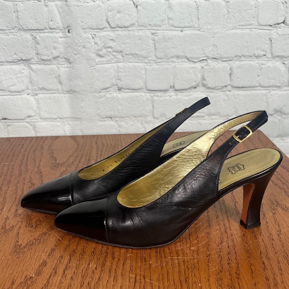 BRUNO MAGLI Black Leather /patentâtoe Slingback Sandals Sz 7 1/2 B